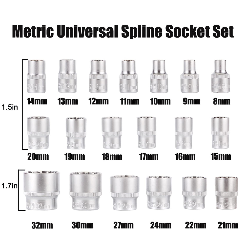 19pcs 1/2 Drive Universal Spline Socket Set, Metric 8-32mm 12-point Cr-V Socket Set