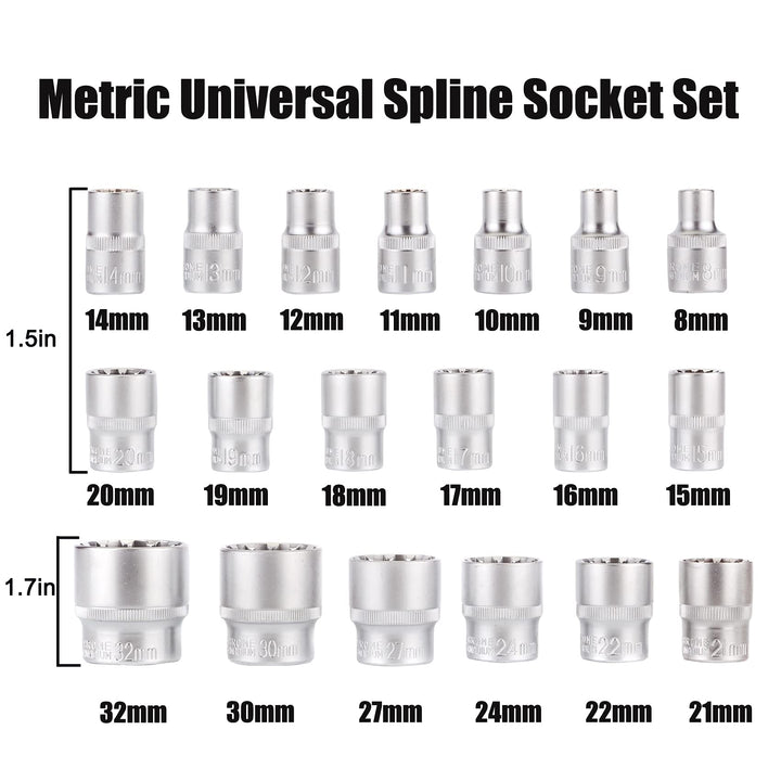 19pcs 1/2 Drive Universal Spline Socket Set, Metric 8-32mm 12-point Cr-V Socket Set