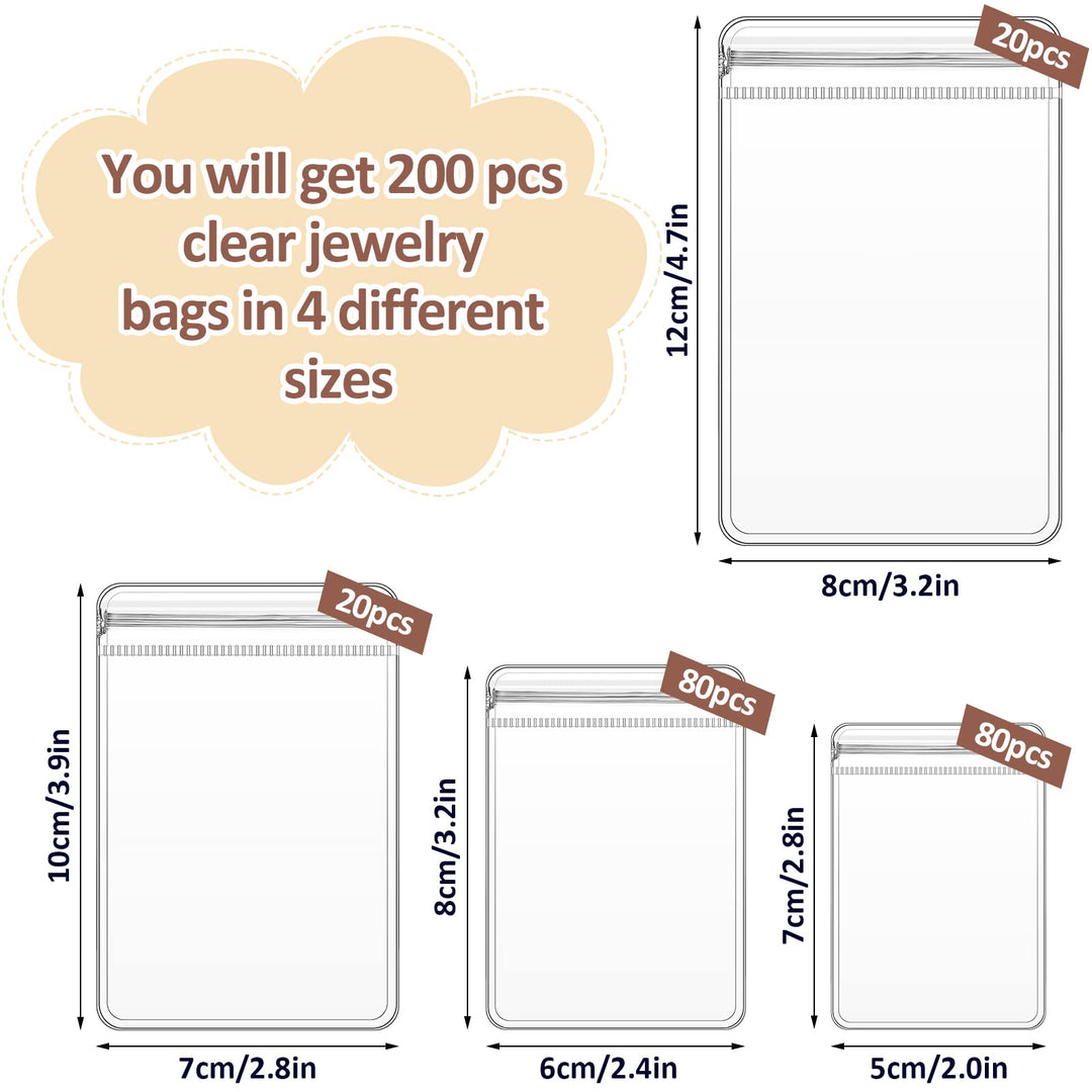 200 Pcs Clear Plastic Jewelry Bags Anti Tarnish Jewelry Bag Self Seal PVC Earrings Necklace Jewelry Pouch for Small Zipper Ring, 4 Sizes