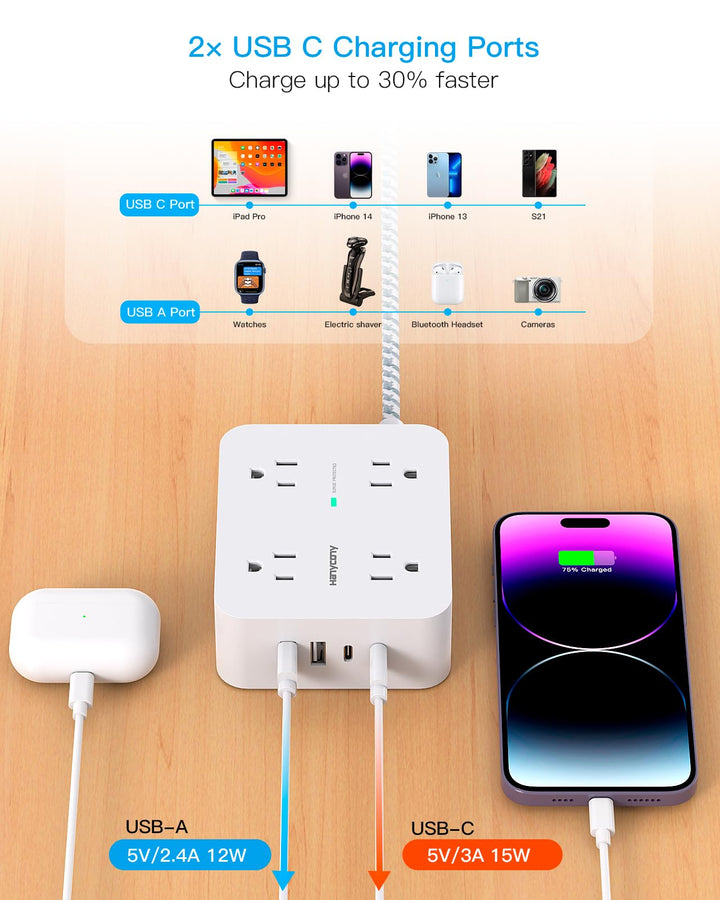 Surge Protector Power Strip - 8 Outlets 4 USB (2 USB C) Charging Ports, Multi Plug Outlet Extender, 5Ft Braided Extension Cord, Flat Plug Wall Mount Desk Charging Station for Home Office ETL