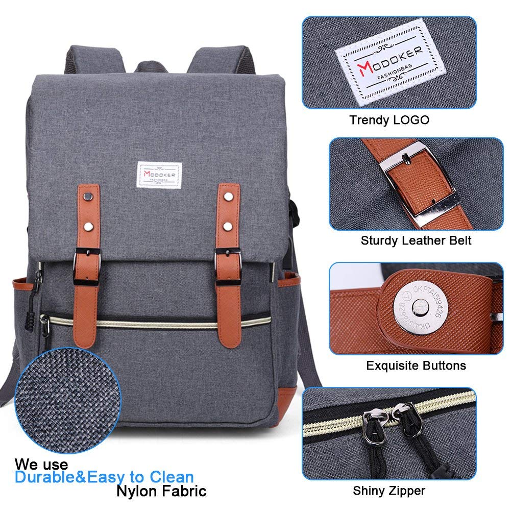 Vintage Laptop Backpack for Women Men,Travel Backpacks with USB Charging Port Fashion Backpack Fits 15.6Inch Notebook, Grey