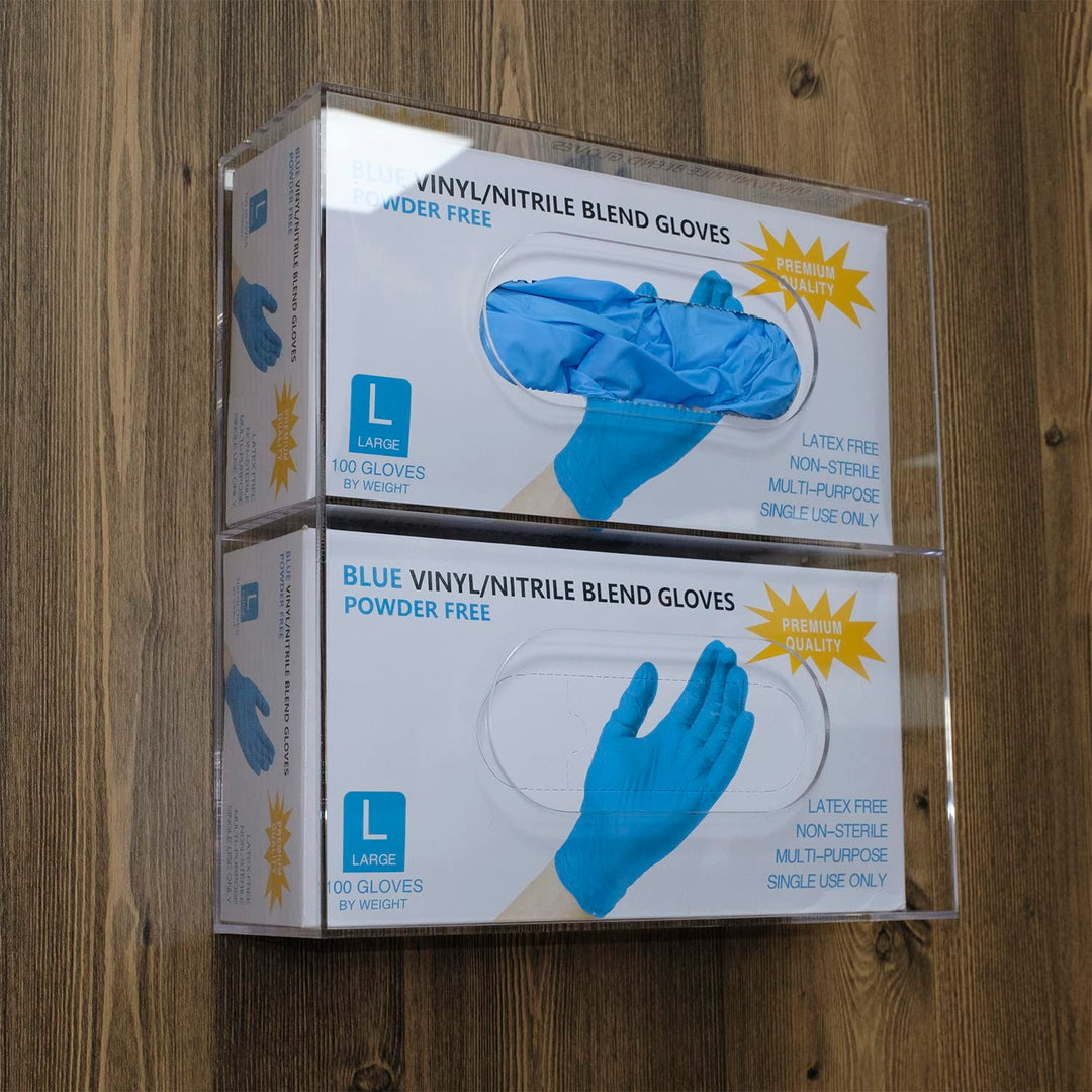 Glove Box Holder Dispenser Acrylic Double Side Loaded Clear Rack Storage Organizer for Medical, Latex, Rubber, Nitrile, Exam, Disposable Glove Boxes and Face Mask Holder Standing or Wall Mount
