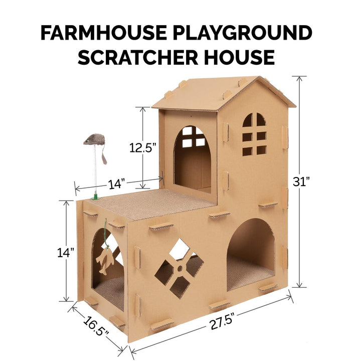 Multi-Level Cardboard Cat House w/ Catnip for Indoor Cats, Ft. Scratching Pads & Toys - Farmhouse Corrugated Cat Scratcher Hideout - Cardboard Brown, One Size