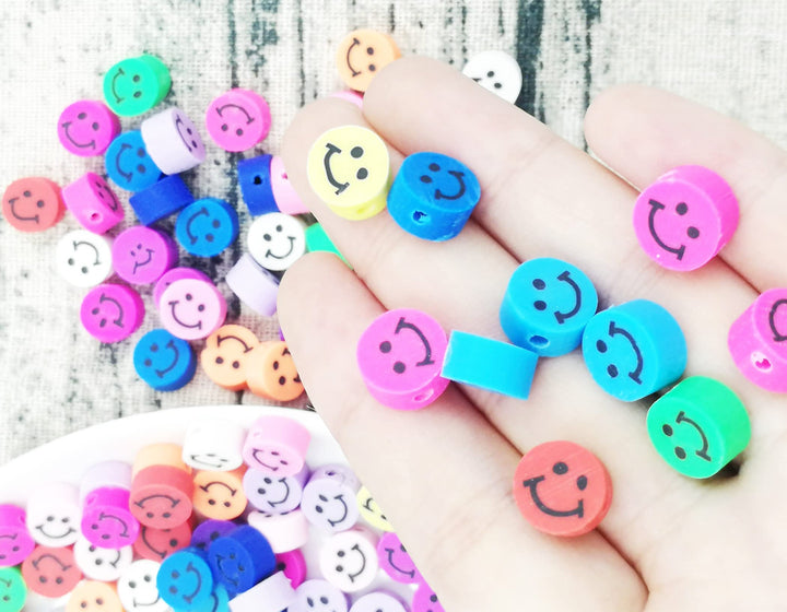100 Pcs Smiley Face Polymer Clay Beads, Assorted Happy Face Beads, Rainbow Happy Face Slice Beads for DIY Hair Clip Necklace Bracelet Jewelry Earring Handmade Craft Making Smile face