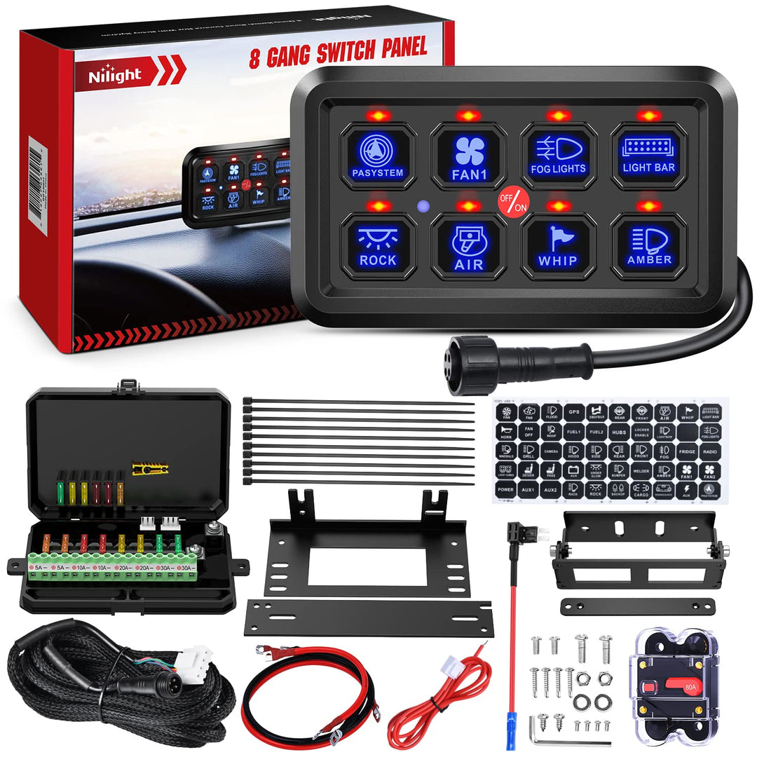 8 Gang Switch Panel System Circuit Control Relay System Fuse Wiring Harness Automatic Dimmable ON Off LED Switch Pod for 12V Cars Trucks Campers SUV, 2 Years Warranty,Blue