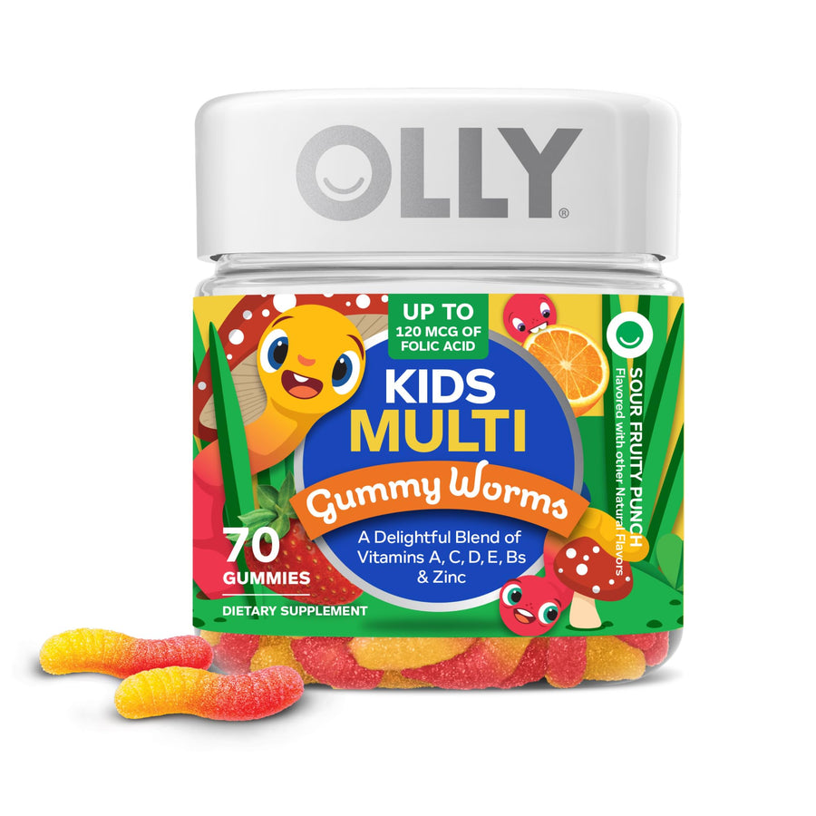 Kids Multivitamin Gummy Worms, Overall Health and Immune Support, Vitamins and Minerals A, C, D, E, Bs and Zinc, Chewable Supplement, Sour Fruit Punch, 45 Day Supply (70 Count)