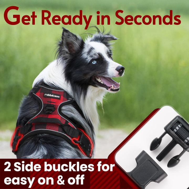 Dog Harness for Large Dogs No Pull, Comfortable Padded Plaid Dog Harness with Handle Easy Control, Adjustable Reflective Puppy Pet Harness Vest with 2 Leash Clips, Red Plaid, L