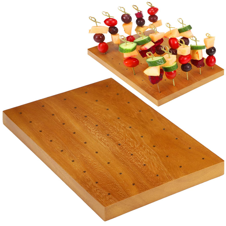 Wooden Food Skewer Holder Pick Stand Food Display Skewer Holder Catering Appetizer Fruit Skewer Stand Food Display Rectangular Board with Holes for Catering (Rectangle Style, 11.42 x 7.87 Inch)