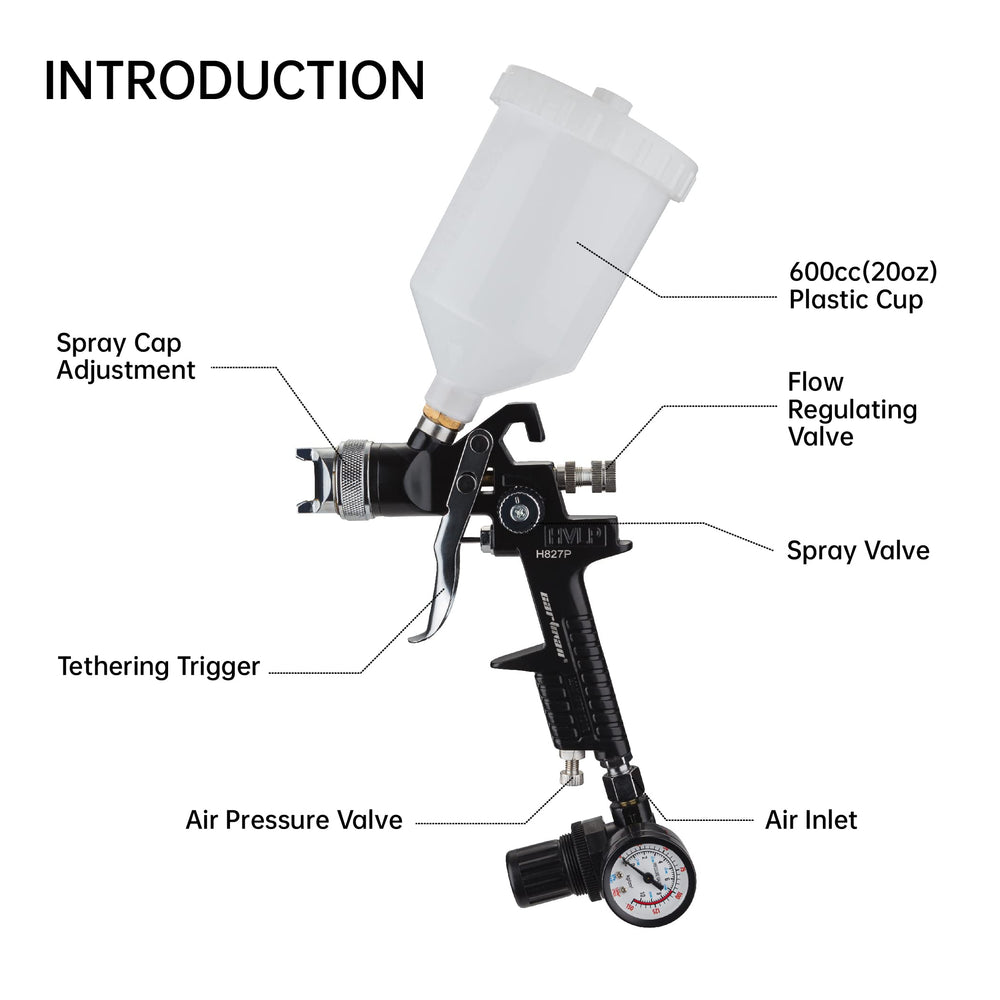 Cartman HVLP Gravity Feed Air Spray Gun H827P, 20.2 oz Capacity, Optimal Working Pressure 2-3.5bar, Nozzle Size:1.4mm with Air Regulator