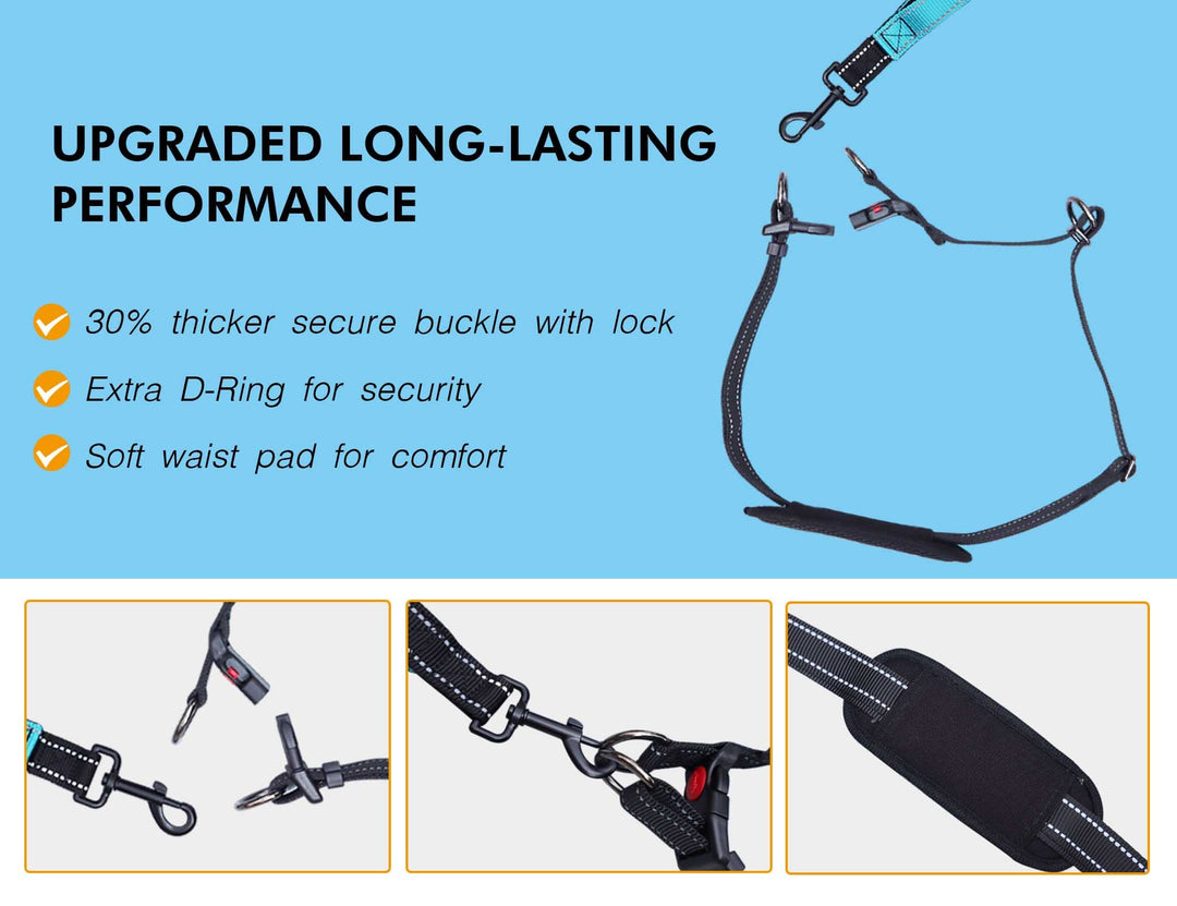 Hands Free Dog Leash, Double Dog Leash, Waist Dog Running Leash for Comfortable Walking Jogging Training Hiking, Long Padded No Tangle 360° Swivel Clasp Adjustable Dual Dog Lead Leashes