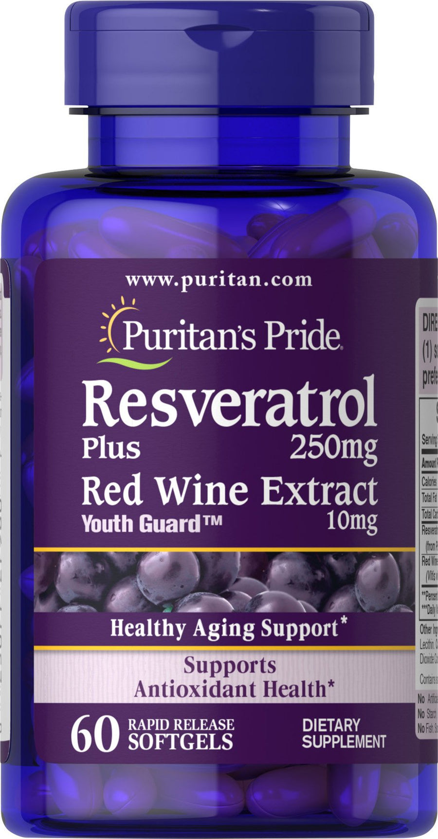 Premium Resveratrol Youth Guard 250mg, Dietary Supplement for Immune System, Antioxidant, Sugar Metabolism, Blood Flow, and Vascular Function Support, 60 Rapid Release Softgels