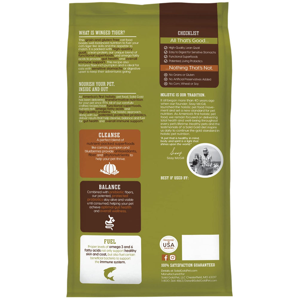 Sensitive Stomach Dry Cat Food - Made with Real Quail & Pumpkin - Winged Tiger Grain Free Cat Food Sensitive Stomach for Adult & Senior Cats - Supports Immune & Digestive Health - 6lb
