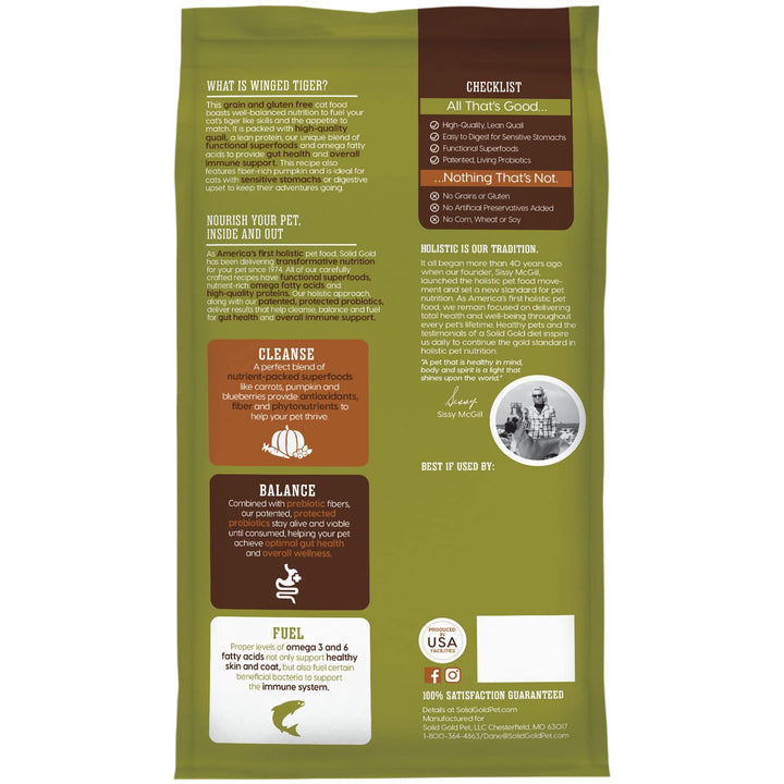 Sensitive Stomach Dry Cat Food - Made with Real Quail & Pumpkin - Winged Tiger Grain Free Cat Food Sensitive Stomach for Adult & Senior Cats - Supports Immune & Digestive Health - 6lb
