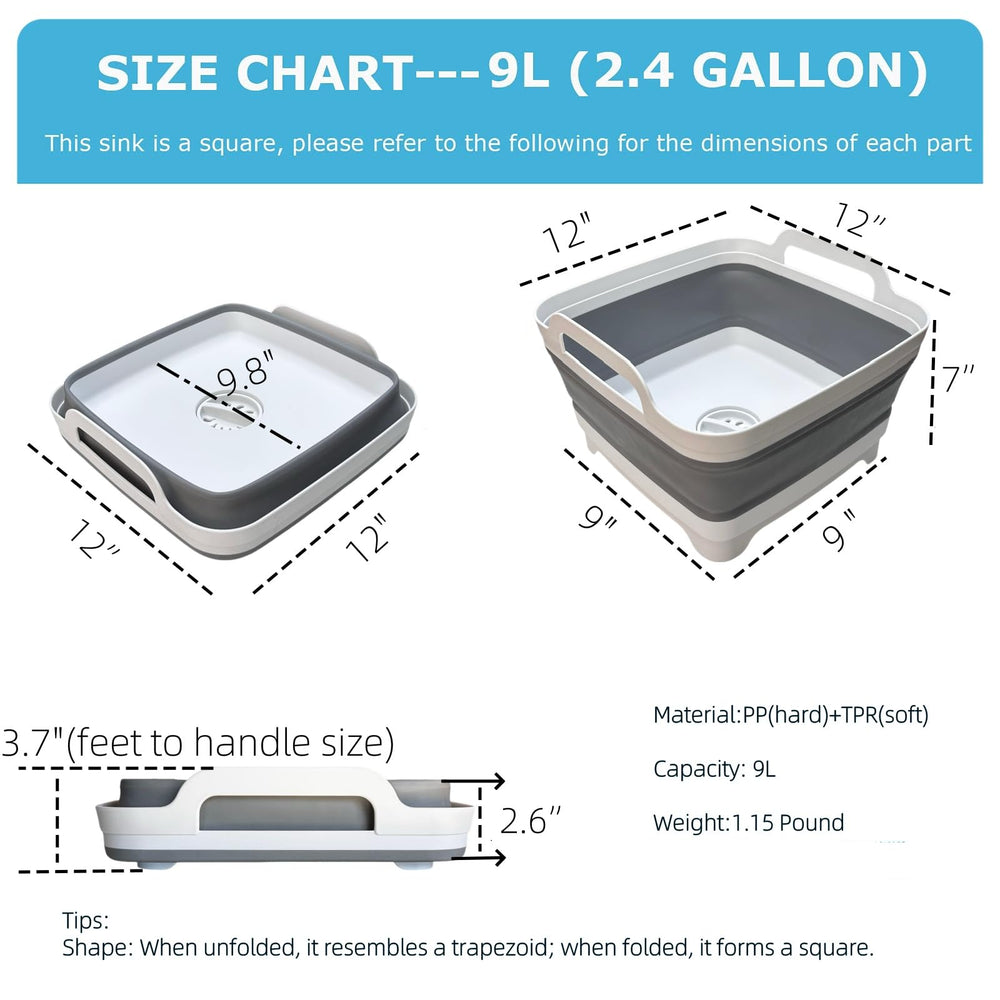 Dishpan For Washing Dishes,9L Collapsible Dish Tub Portable Sink,Wash Dish Basin,Foldable Laundry Tub,Washing Basin with Drain Plug,Dishpan for Kitchen Sink,Camping Dish Washing Tub,Gray