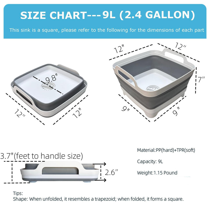 Dishpan For Washing Dishes,9L Collapsible Dish Tub Portable Sink,Wash Dish Basin,Foldable Laundry Tub,Washing Basin with Drain Plug,Dishpan for Kitchen Sink,Camping Dish Washing Tub,Gray