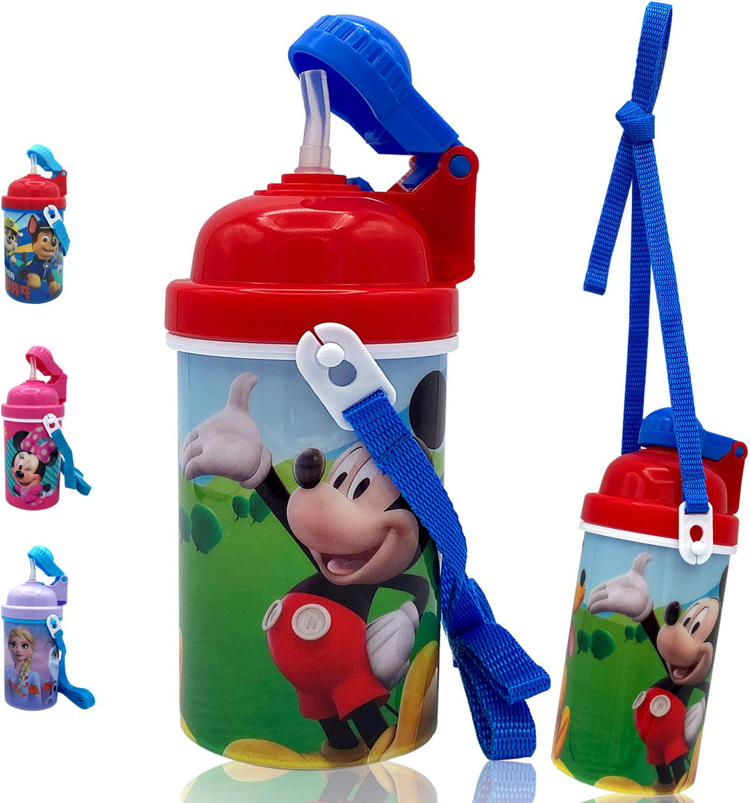 Disney Classic Mickey Carrying Strap One Touch Water Bottles with Reusable Built in Straw - Safe Approved BPA Free, Easy to Clean, for Kids Girls Boys, Goodies Home Travel