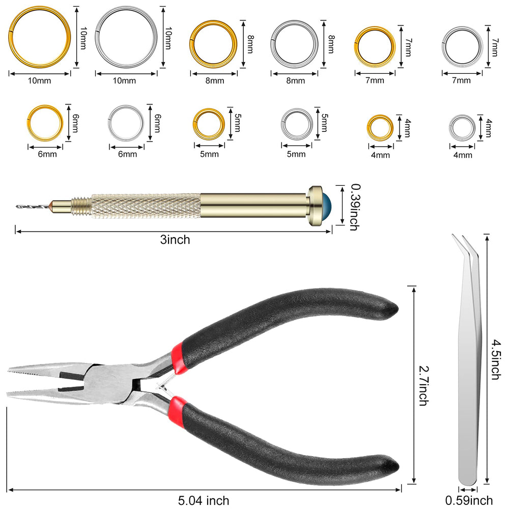 1014 Pieces Nail Dangle Charm Piercing Tool Hand Drill, Nail Charms 6 Sizes Jump Ring Connector with Jump Ring Open Close Tool Pliers and Tweezers for Jewelry Making(Silver)