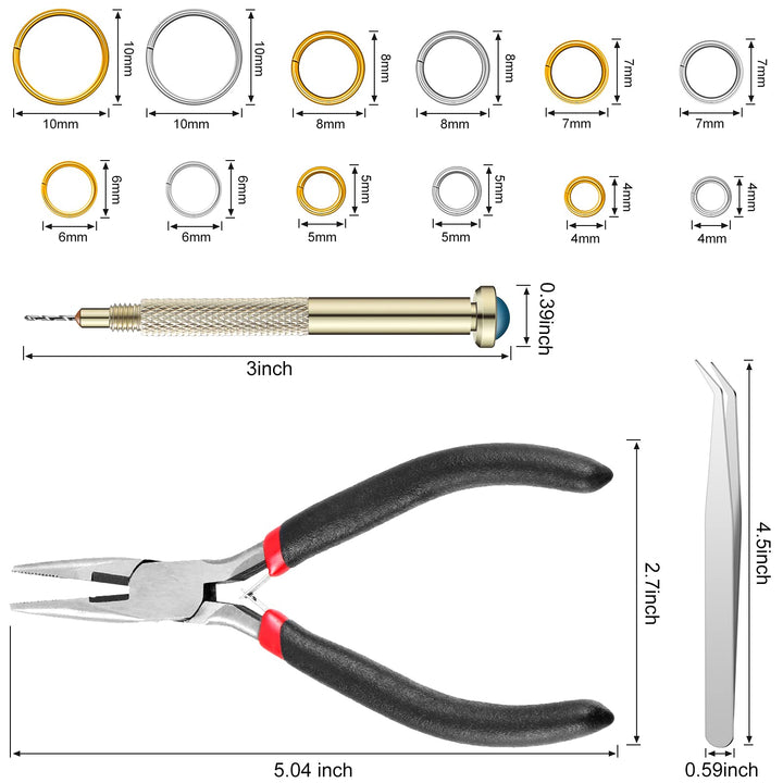 1014 Pieces Nail Dangle Charm Piercing Tool Hand Drill, Nail Charms 6 Sizes Jump Ring Connector with Jump Ring Open Close Tool Pliers and Tweezers for Jewelry Making(Silver)