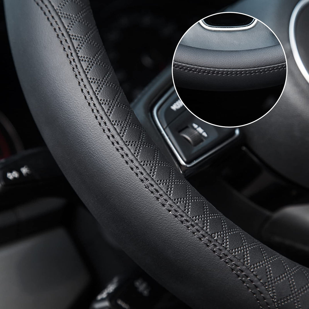 Leather Steering Wheel Cover Universal 15 inch Auto Car Steering Wheel Covers for Men Women with Anti-Slip Embossing Soft and Comfortable