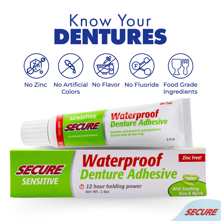 Sensitive Gums Waterproof Denture Adhesive Zinc Free with Aloe Vera & Myrrh - Extra Strong 12 Hour Hold - 1.4 oz (Pack of 4)