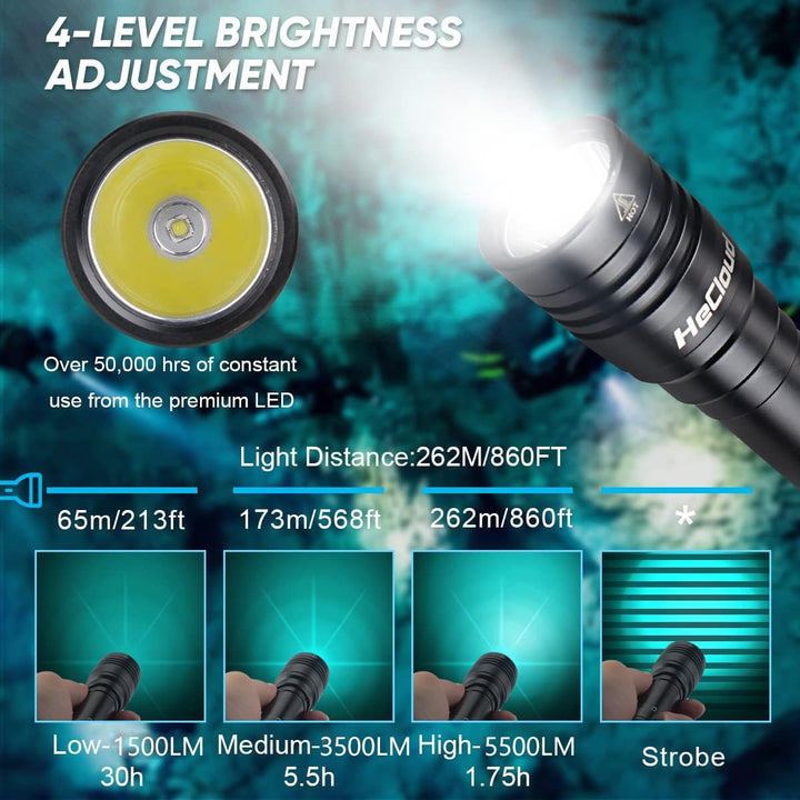 5500LM Scuba Diving Flashlight with Rechargeable Dive Light Scuba Diving Underwater Flashlight 328ft IPX8 Waterproof 4 Modes Scuba Dive Light with Charger for Submarine Deep Sea Snorkeling