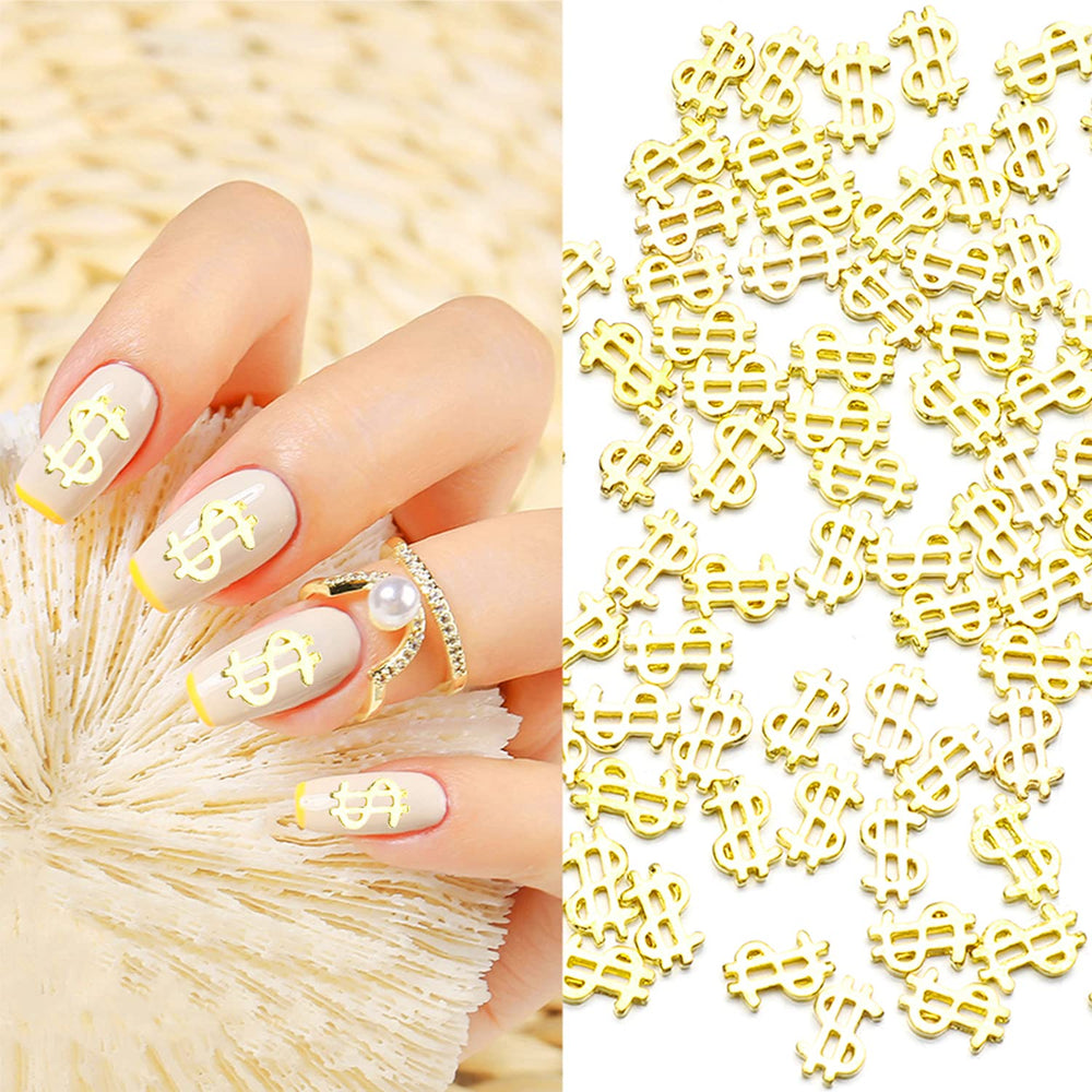 100pieces Luxury 3D Golden Dollar Sign Nail Art Charms Dollar Mark Shape Nail Stickers Jewels Bill Money Design Nail Art Studs Accessories for Women Girls Ladies (0.20inchx0.31inch)