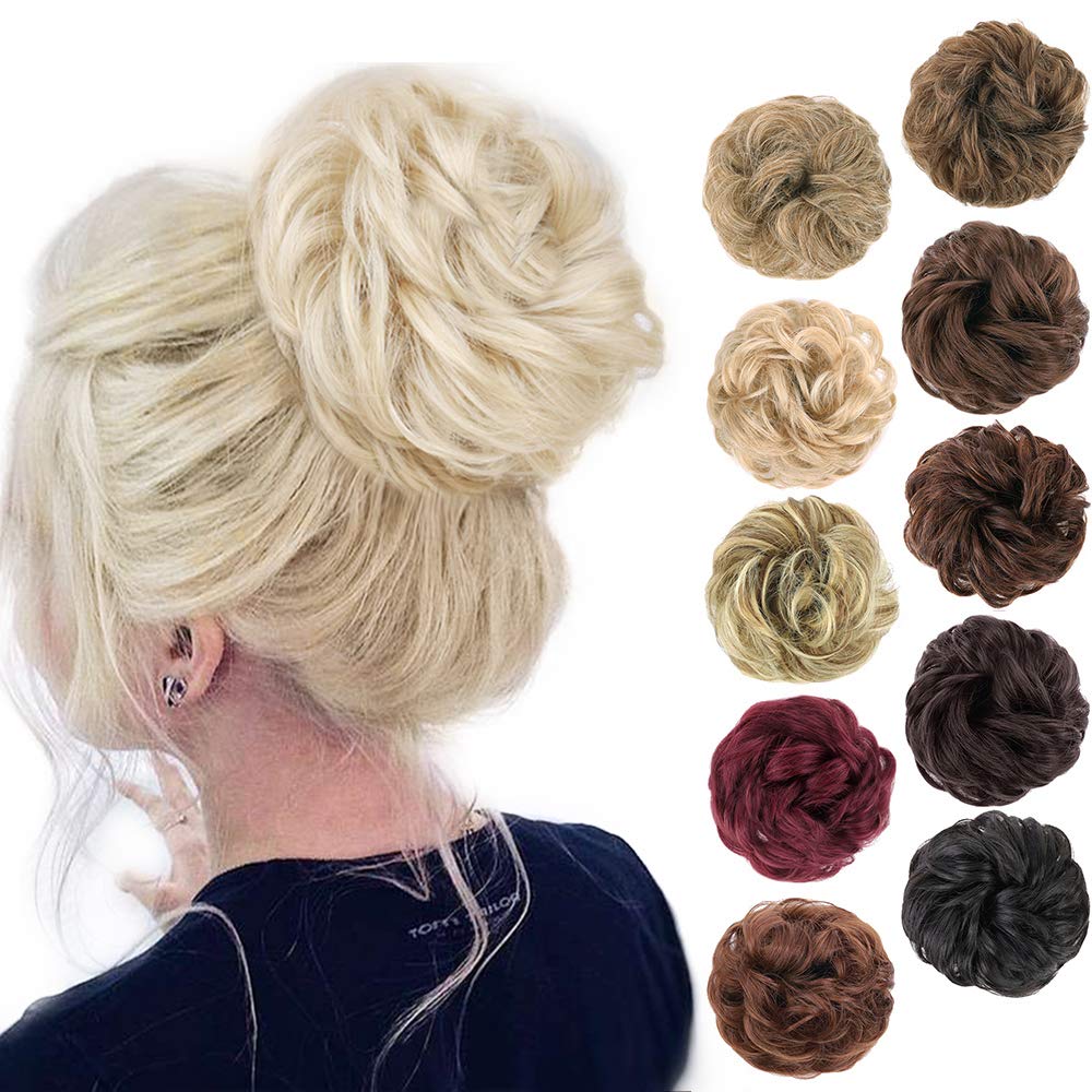 1PCS Messy Hair Bun Hair Scrunchies Extension Curly Wavy Messy Synthetic Chignon for Women (24/613#(Pale Ash Blonde Mix Bleach Blonde))