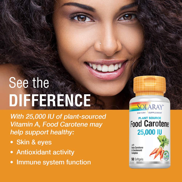 Food Carotene, Vitamin A as Beta Carotene 25000IU | Carotenoids for Healthy Skin & Eyes, Antioxidant Activity & Immune System Support | 50ct