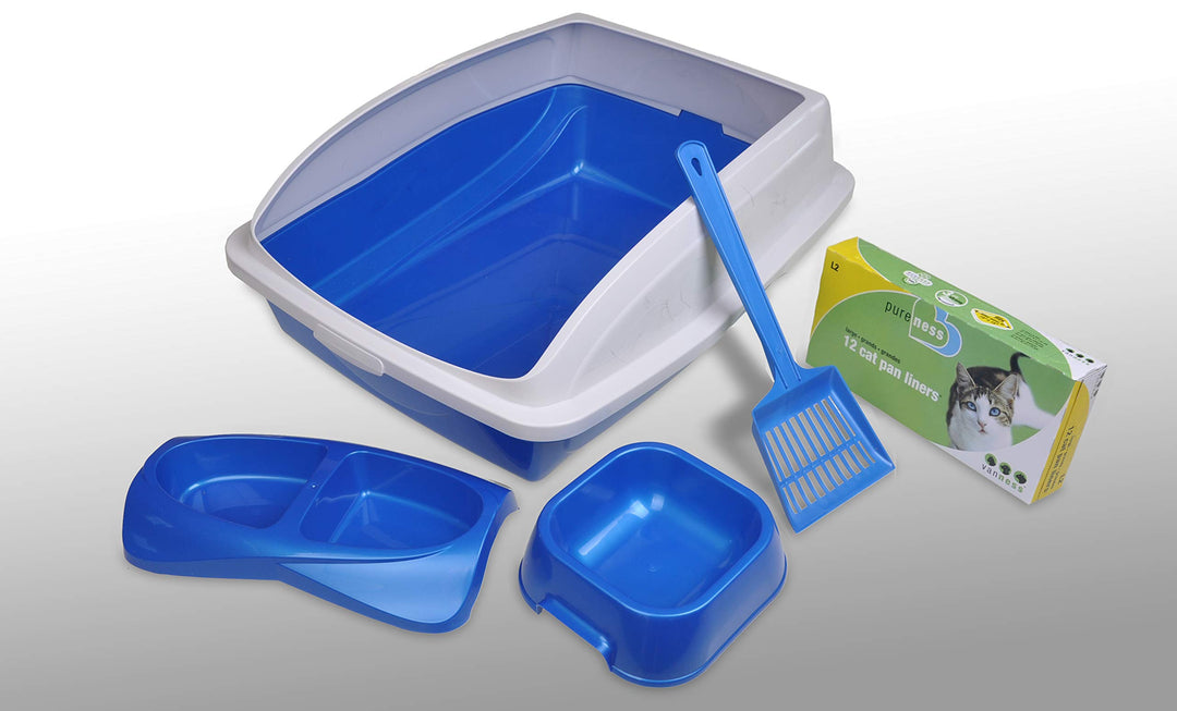 Kitten And Cat Starter Kit, 5 Piece Set with High Side Litter Box, Water Bowl, Double Feeder, Litter Scoop, Litter Box Liners