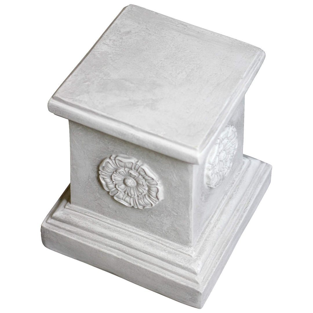 English Rosette Indoor/Outdoor Sculptural Garden Plinth Base Statue Riser, 11 Inches Square, 13 Inches Tall, Handcast Polyresin, Antique Stone Finish