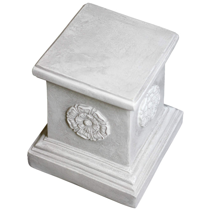 English Rosette Indoor/Outdoor Sculptural Garden Plinth Base Statue Riser, 11 Inches Square, 13 Inches Tall, Handcast Polyresin, Antique Stone Finish