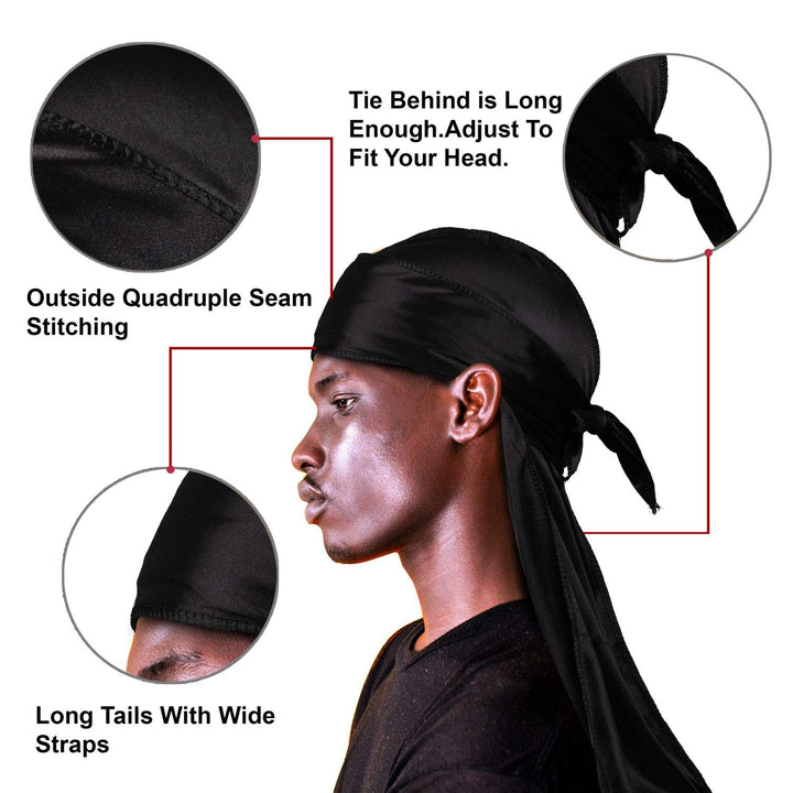 3Pcs Durag, Durags for Men Silky, Silk Durag for Men Women 360 Waves Extra Long Tail with 1 Wave Cap (Black,Red,White)