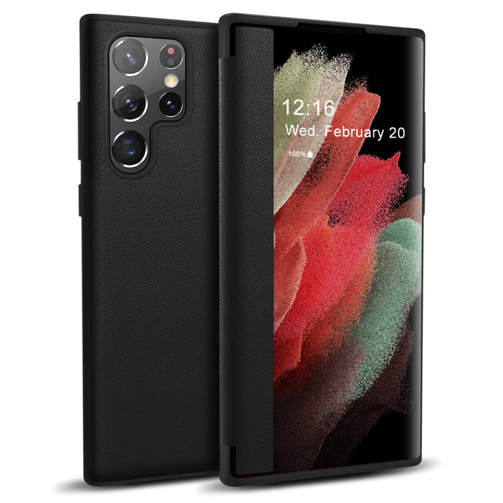 Zuslab Flip Case Compatible with Samsung Galaxy S22 Ultra 6.8' 2022, Fine Leather & Translucent Matte PC Folio Cover with Window View Function, Silicone Case Anti Scratch Shockproof Bumper, Black