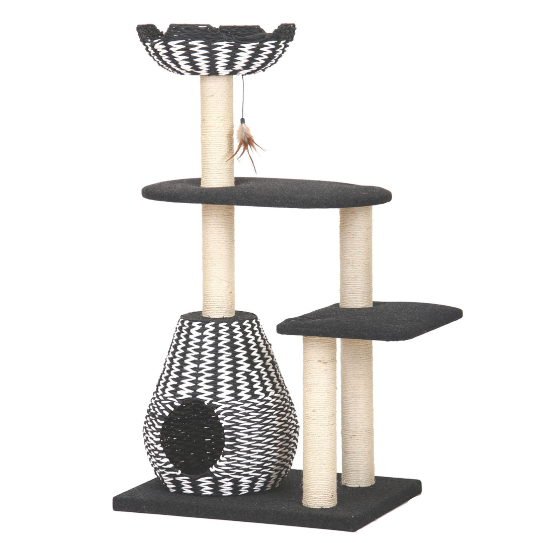 Ace 4-Level Multi-Activity Cat Tree with Felt Perches, Handwoven Recycled Paper Rope Condo, Sisal Scratching Posts, Feather Teaser Toy, Eco-Friendly & Stylish Cat Furniture, Black & White