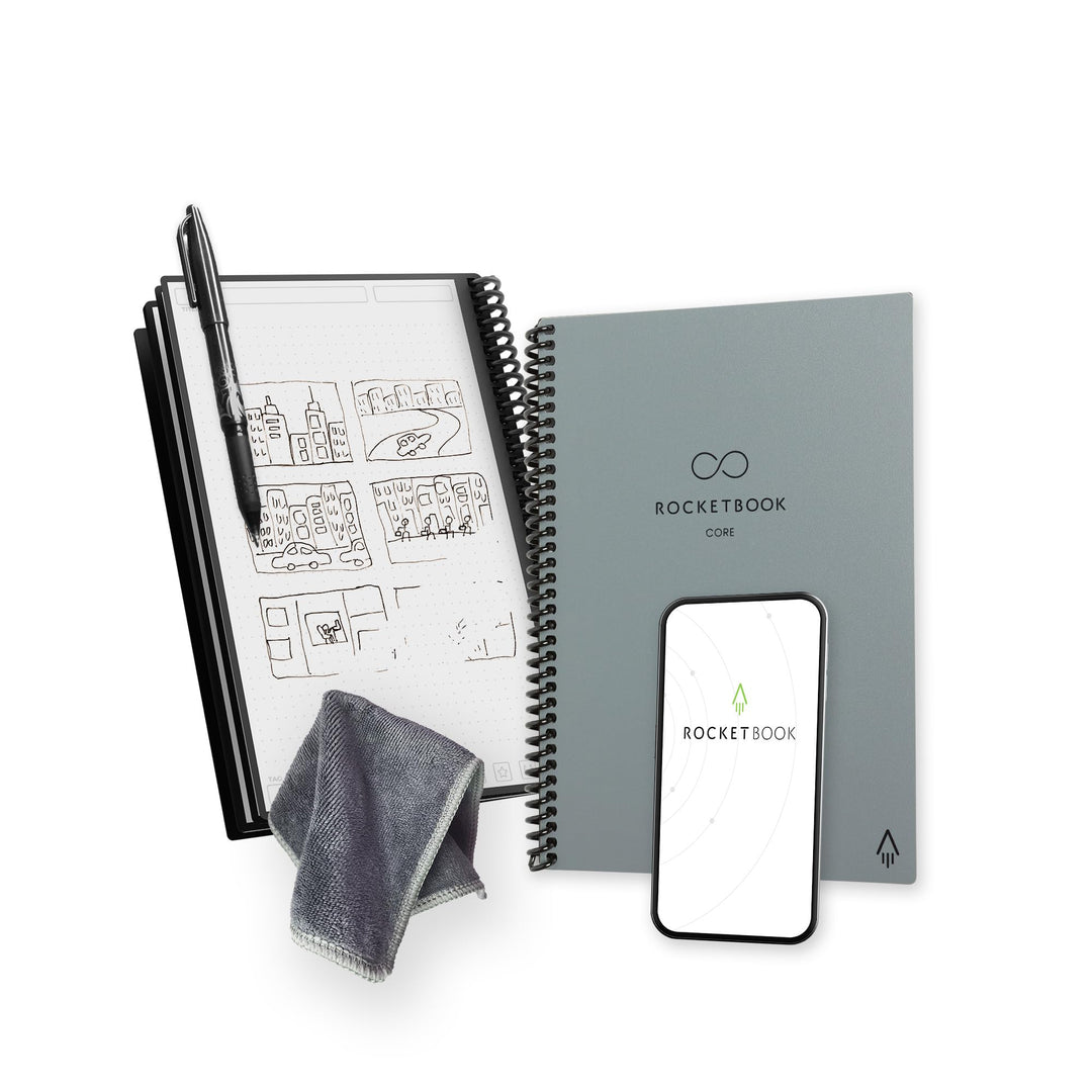 Core Reusable Spiral Notebook, Executive Size 6x8.8, Gray - Dotted Pages, App-Connected, Erasable, Durable Cover, Ideal for School, Work, and Creative Projects