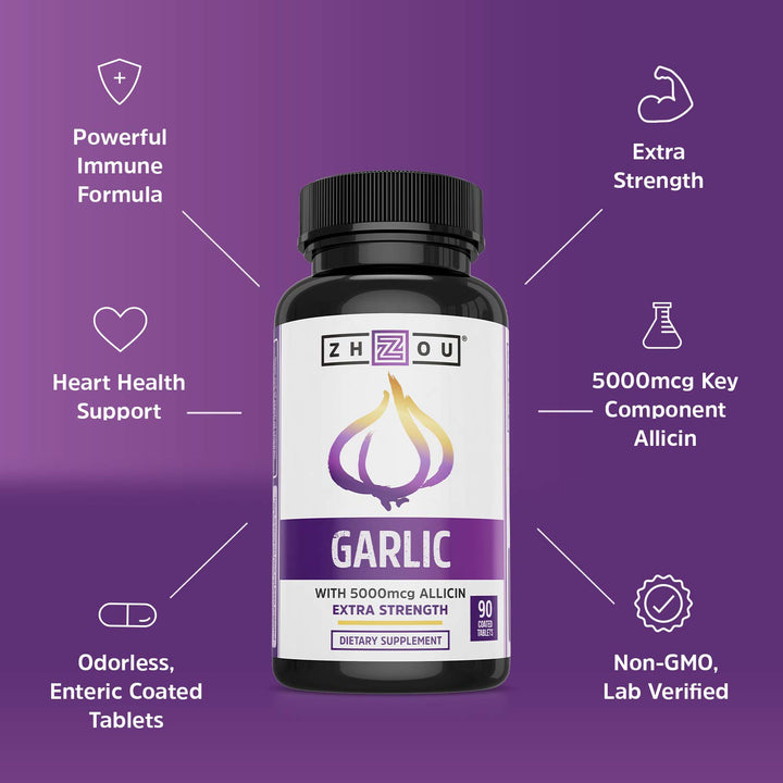 Zhou Nutrition Garlic Supplement With Allicin, Extra Strength 5000mcg Allicin Per Serving, Support Immune System, Blood Pressure And Cholesterol Health, 90 Servings