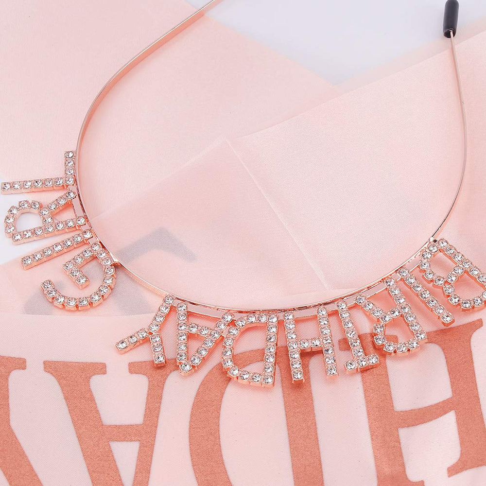 Birthday Sash for Women Rose Birthday Crowns Gold Birthday Tiara for Women Birthday Girl Headband Princess Crown Rhinestone Happy Birthday Accessories