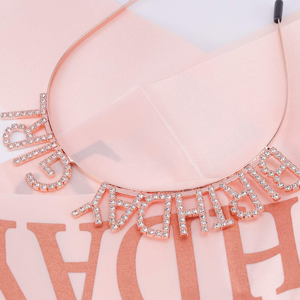 Birthday Sash for Women Rose Birthday Crowns Gold Birthday Tiara for Women Birthday Girl Headband Princess Crown Rhinestone Happy Birthday Accessories