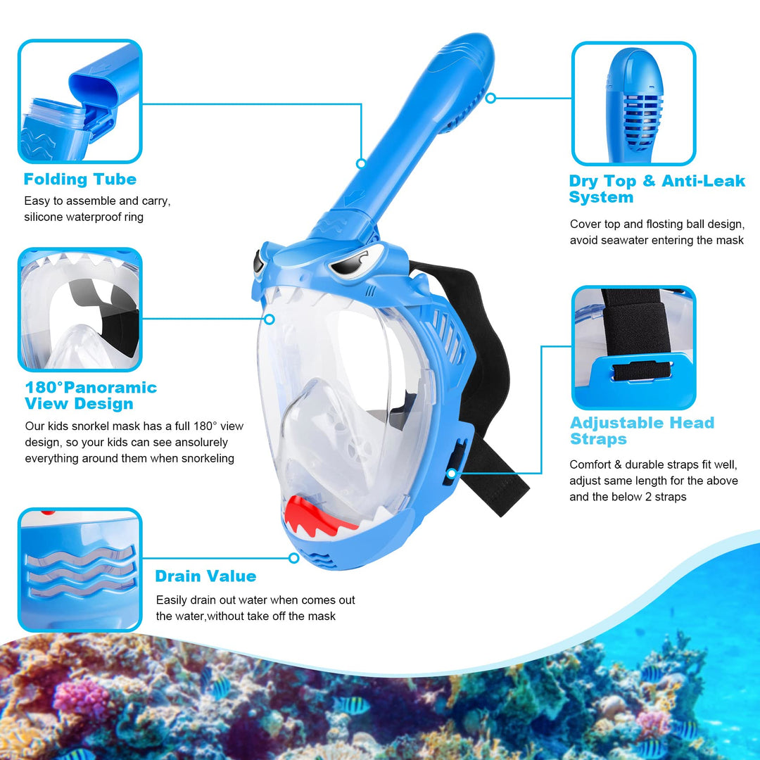 Full Face Snorkel Mask for Kids, Kids Snorkeling Set 180 Degree Panoramic View, Safe Anti-Leak Anti-Fog, Foldable Dry Top Snorkeling Gear for Kids Adult