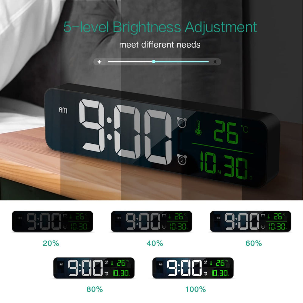 Digital Wall Clock, 10.5'' Large Display Wall Clock for Bedroom, LED Electronic Clock with Temp & Date Display, 40 Tones, 2 Alarms, 4 Volume, 6 Brightness Dimmer