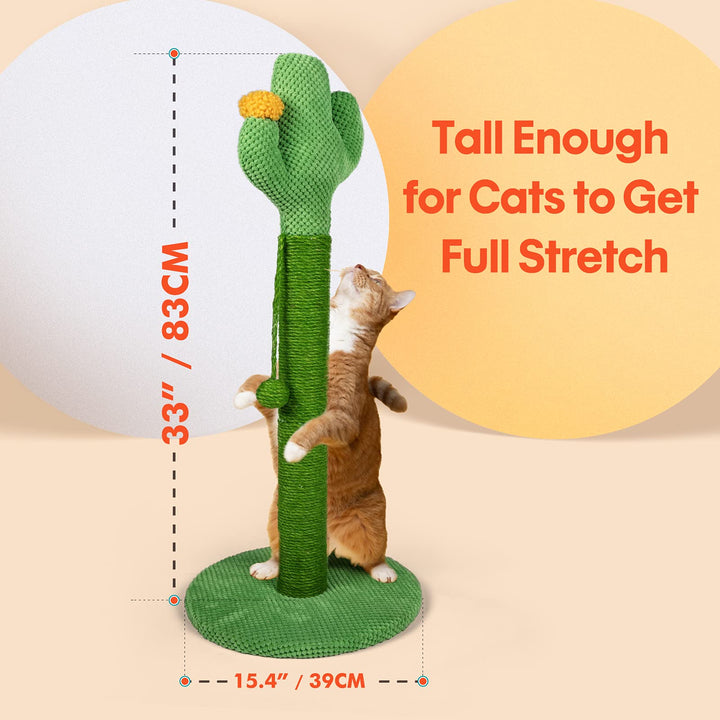 Cat Scratching Post, 33 inch Tall Cactus Scratching Post with Dangling Ball, for Large Cats and Kittens