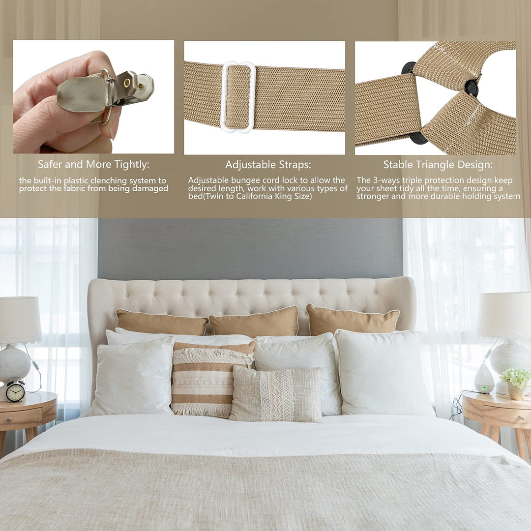 Bed Sheet Holder Straps Adjustable Elastic Band Fitted Bed Sheet Holder Fasteners Suspenders Clip Suit for Twin King & Queen Full Size Mattress (Beige 6 in 1 Belt with 12 Clips), Khaki