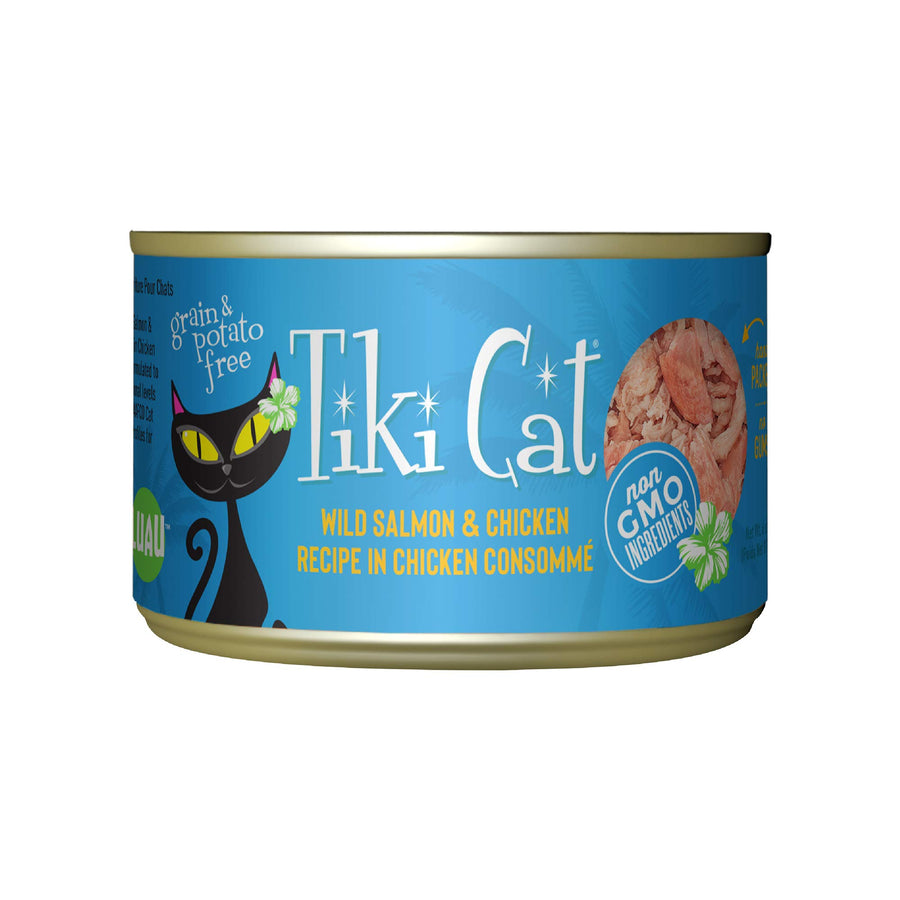 Tiki Cat Luau Shredded Meat, Wild Salmon & Chicken Recipe in Chicken Consumme, Grain-Free Balanced Nutrition Wet Canned Cat Food, For All Life Stages, 6 oz. Cans (Pack of 8)