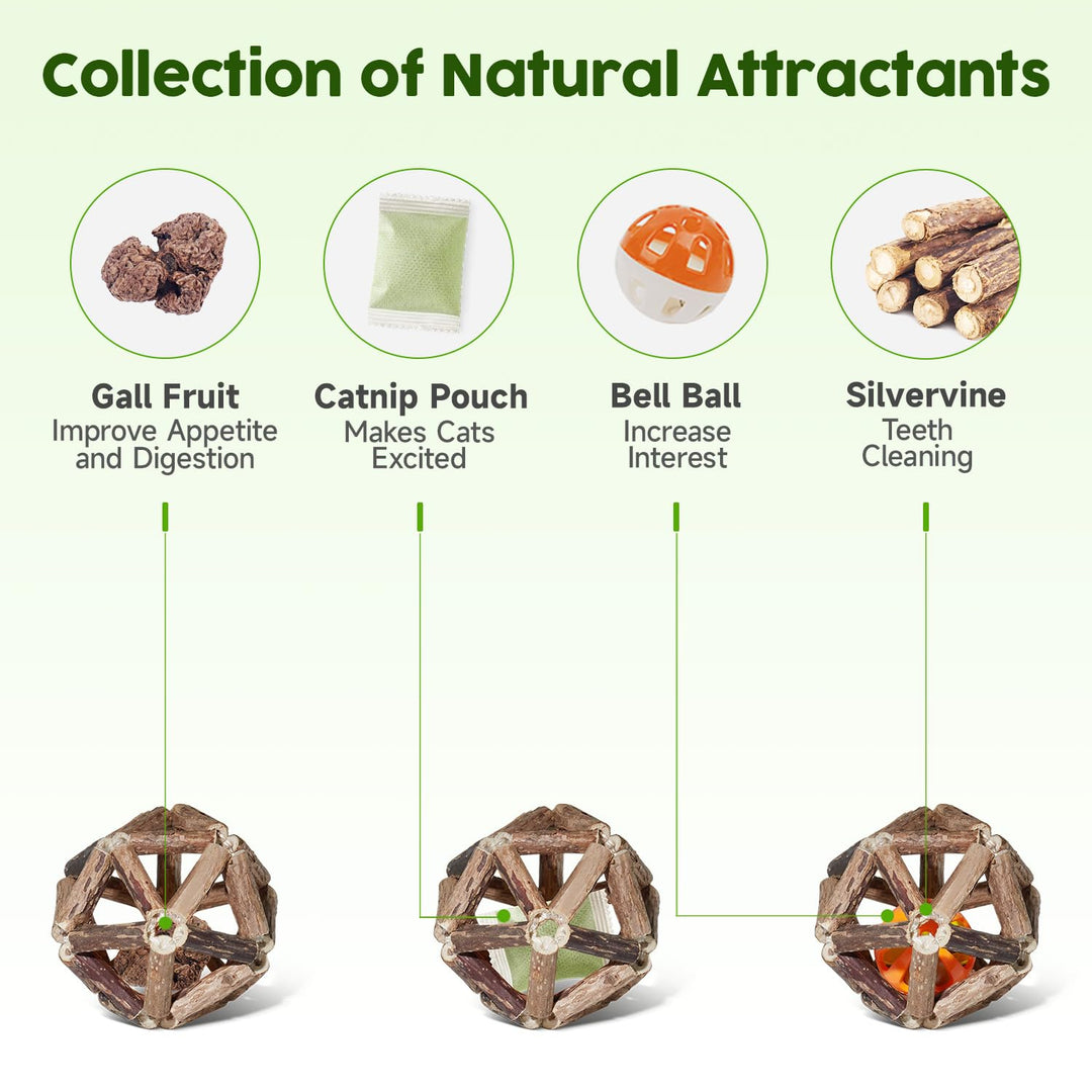 Catnip Toys, 3Pcs Cat Toys Natural Silvervine Stick Cage Balls & Bell Ball for Indoor Cats, Kitten Cleaning Teeth Molar Matatabi Cat Chew Toy All Breeds