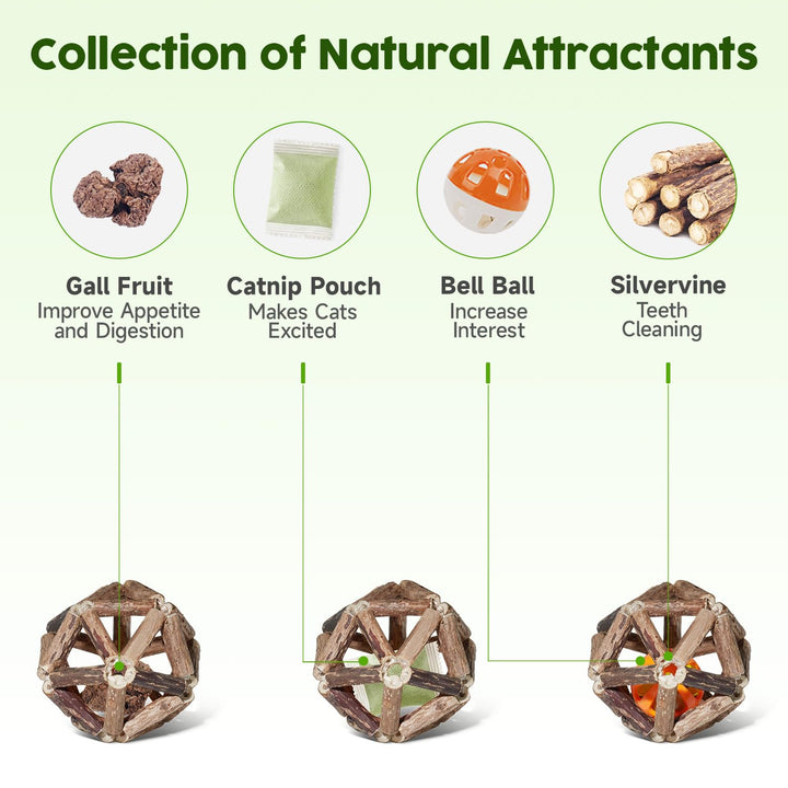 Catnip Toys, 3Pcs Cat Toys Natural Silvervine Stick Cage Balls & Bell Ball for Indoor Cats, Kitten Cleaning Teeth Molar Matatabi Cat Chew Toy All Breeds
