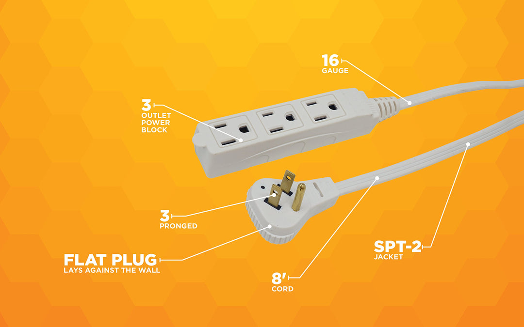 Slimline 2241 Flat Plug Extension Cord, 3-Wire, White, 8-Foot