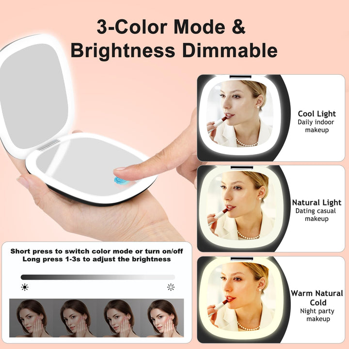 Compact Mirror with Light, Lighted Travel Makeup Mirror 1x/10x Magnifying- 56 LED Lights, Touch Sensor, 3 Colors & Brightness Dimmable- Magnetic Closure, Rechargeable (Black)