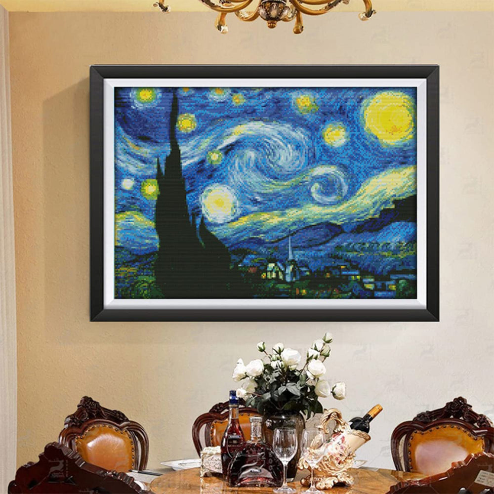 Cross Stitch Kits for Adults Full Range of Cross Stitching Needle Punch Embroidery Starter Kit Stamped Beginners for DIY 14CT 2 Strands - Starry Night of Van Gogh 18.1×13.8 inch