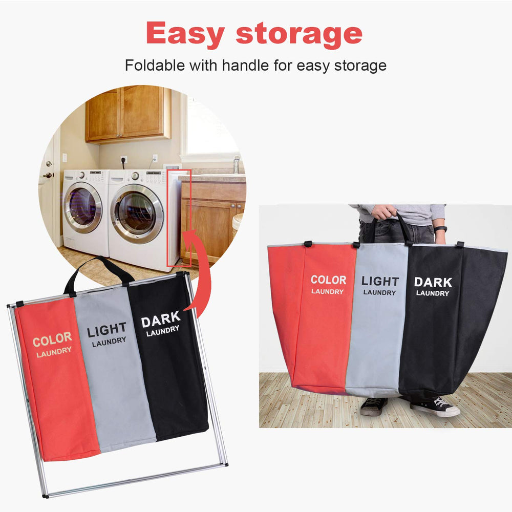 135L Laundry Basket Sorter Cart Dirty Cloth 3 Section Hamper Bag Organizer 24'' × 14'' x 23'' (Red)