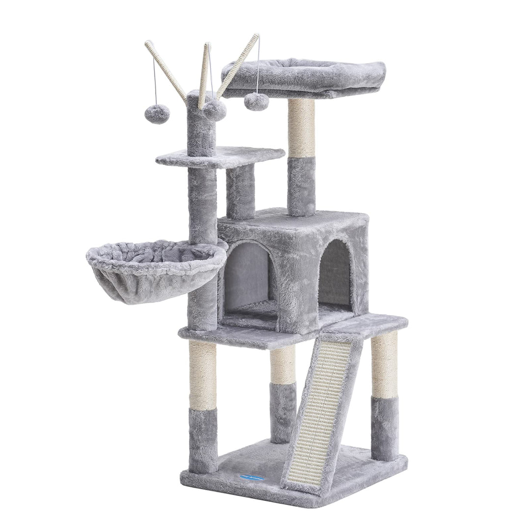 Cat Tree 46inch Cat Condo with Sisal Scratching Posts,Multi-Level Cat Tower with Scratching Board,Basket,Removable Fur Ball Sticks,Light Grey MPJ015W